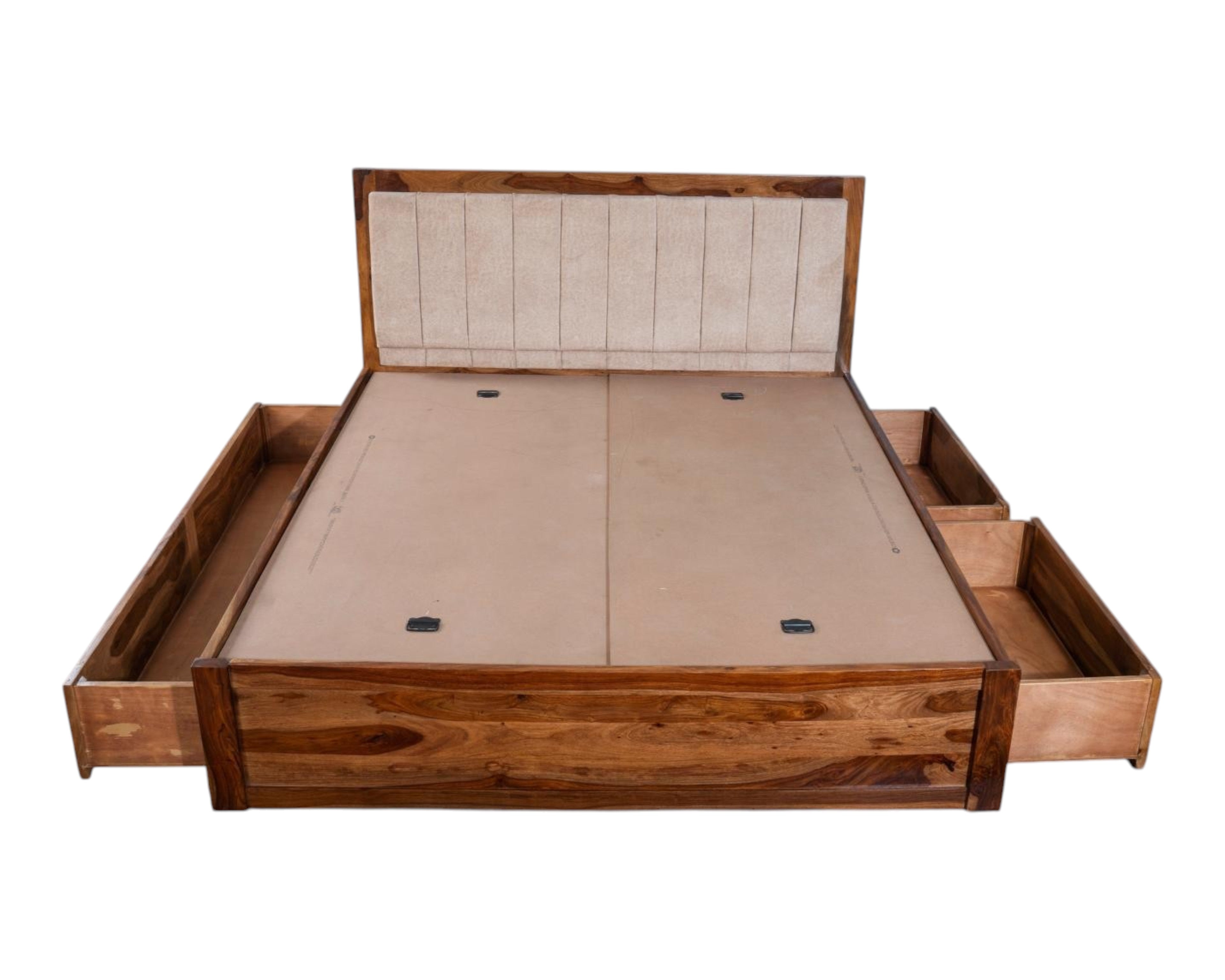Nakoda Homes solid wood platform bed with upholstered headboard and four storage drawers. Natural wood finish.