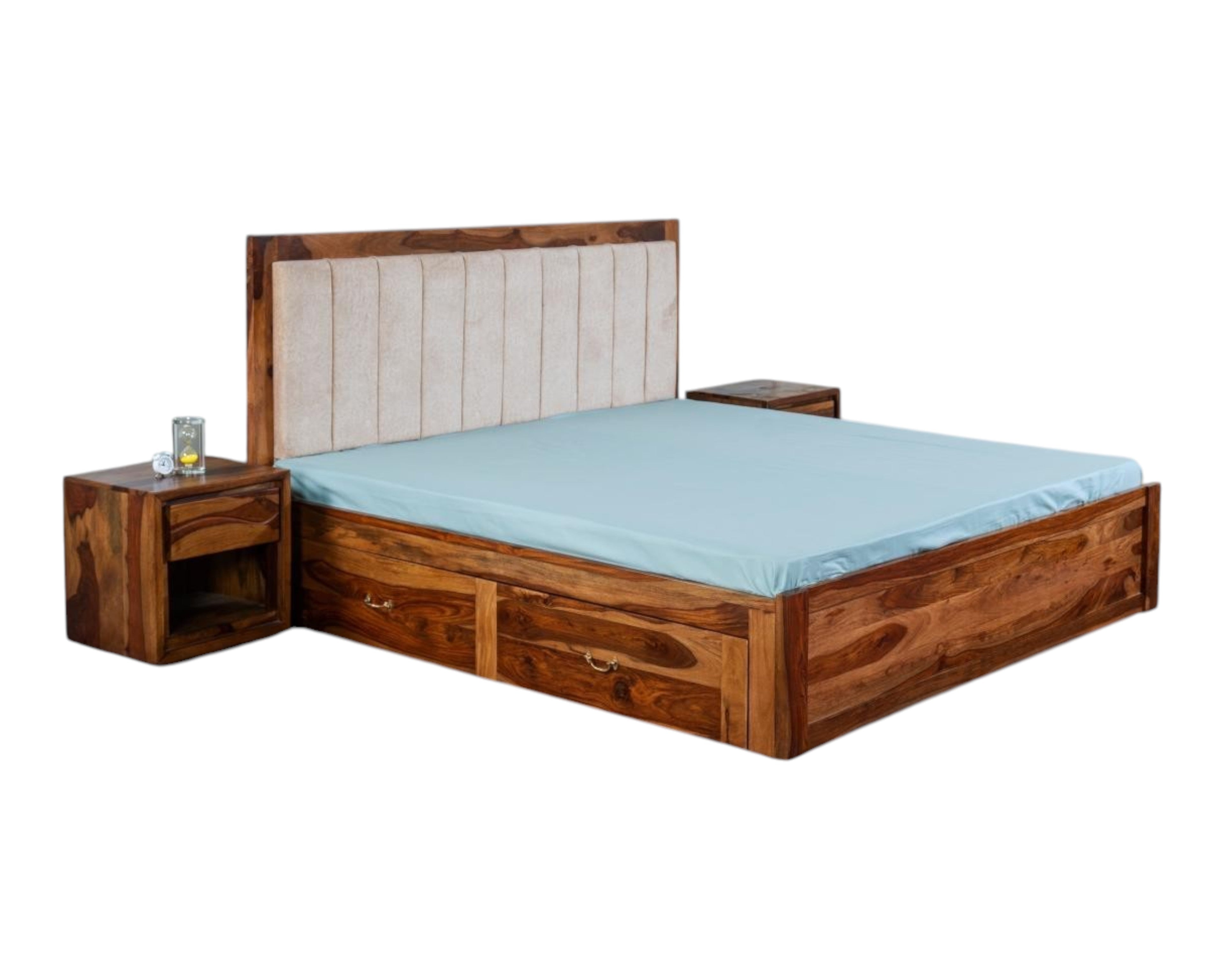 Nakoda Homes solid wood platform bed with upholstered headboard and storage drawers. Natural wood finish.