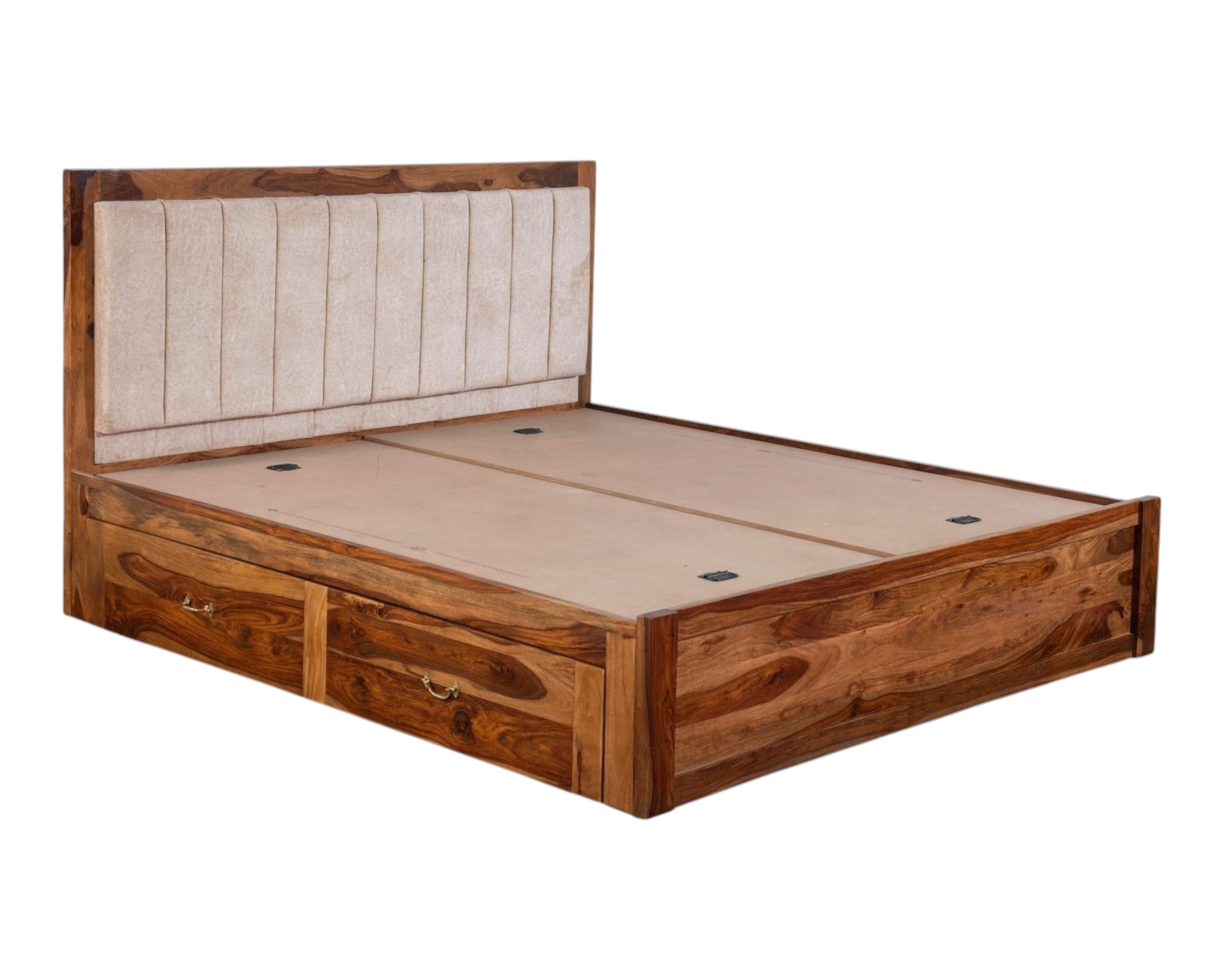 Nakoda Homes solid wood platform bed with upholstered headboard and built-in storage drawers. Natural wood finish.