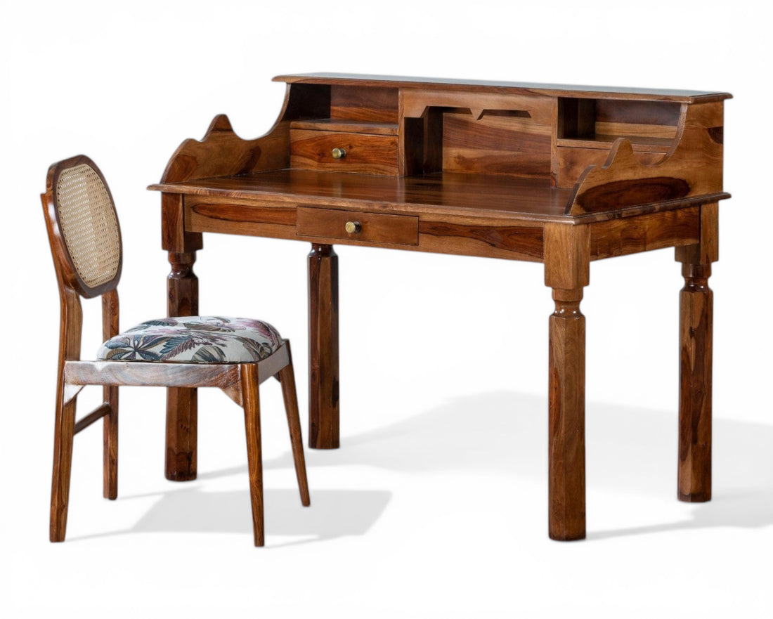 Nakoda Homes solid wood secretary desk with drawers and shelves, natural wood finish.