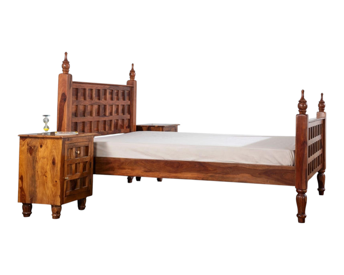 Nakoda Homes solid wood bed frame in warm brown with lattice headboard and turned posts. Traditional rustic style.