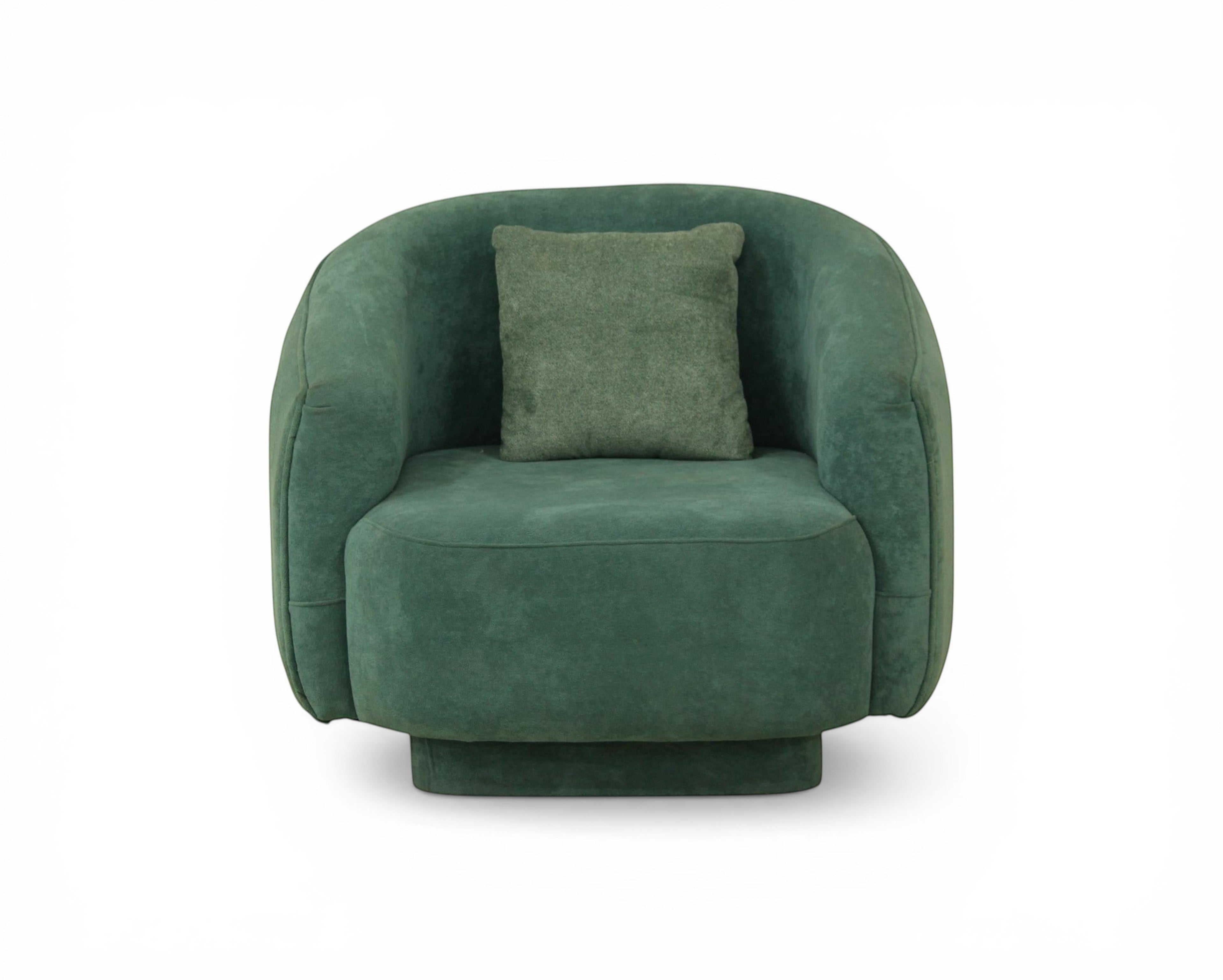 Nakoda Homes teal upholstered armchair with rounded arms and a matching throw pillow. Soft-touch fabric, contemporary style.