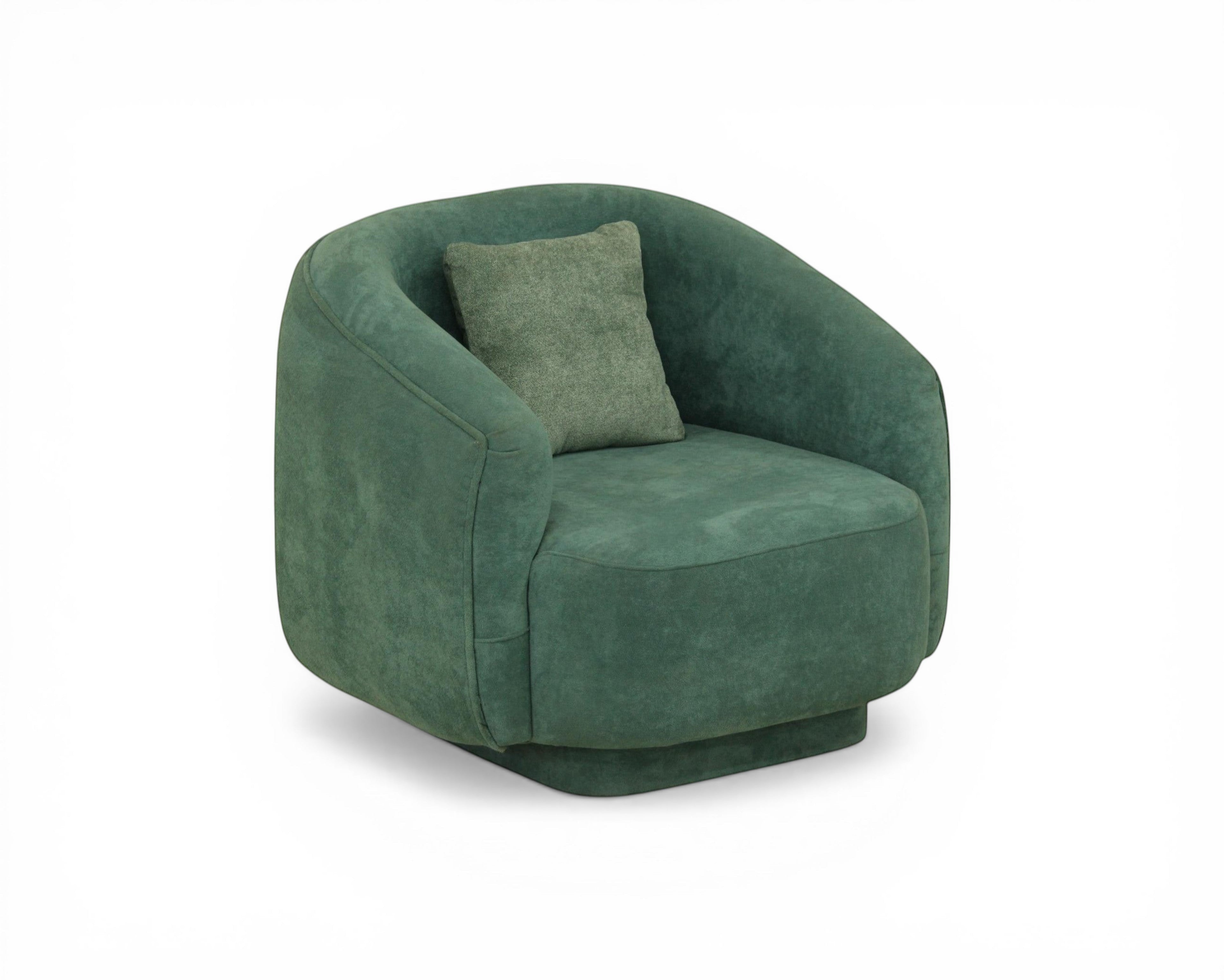 Nakoda Homes teal upholstered armchair with curved silhouette and rounded arms, featuring soft-touch fabric and a matching throw pillow.