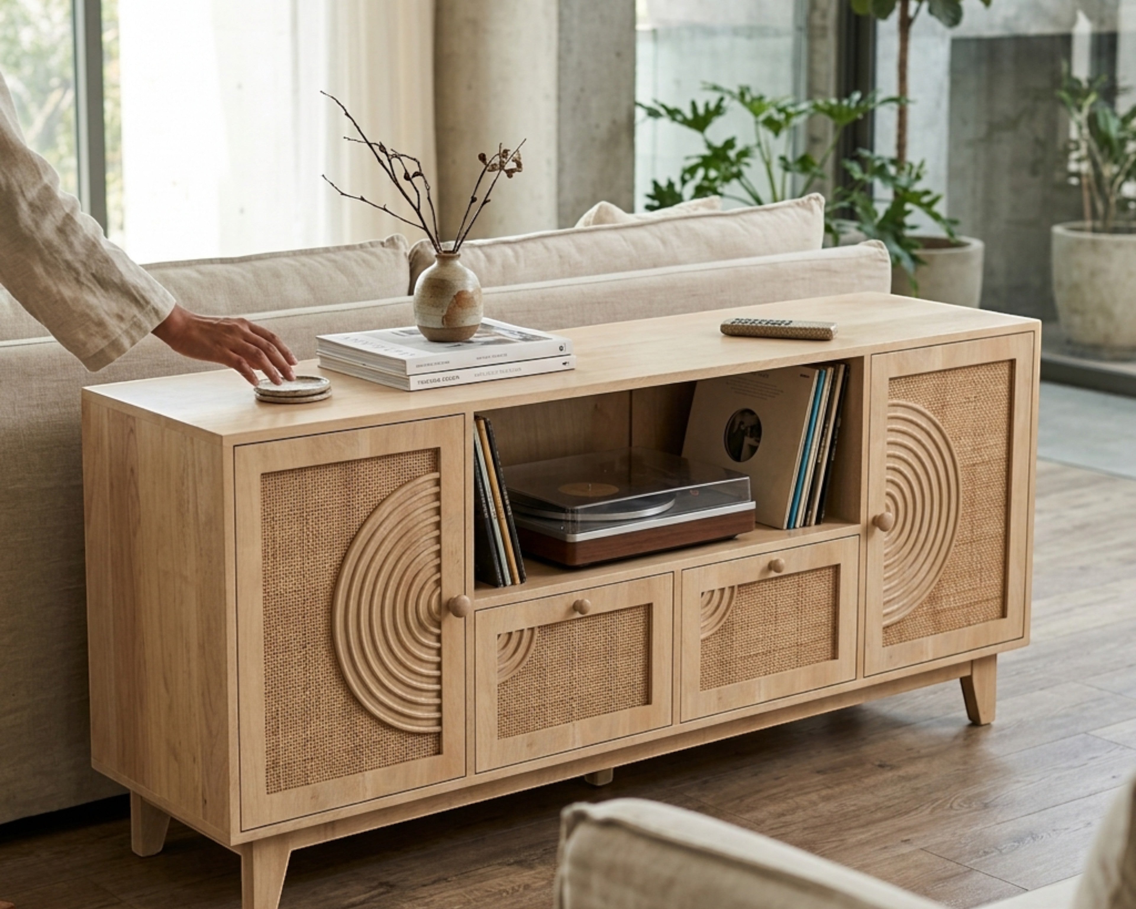 Nakoda Homes light wood TV unit with cane-patterned doors and circular accents, featuring open shelves and drawers.