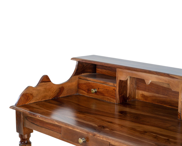 Nakoda Homes wooden secretary desk with drawers and open shelves, warm brown finish, ideal for home office.